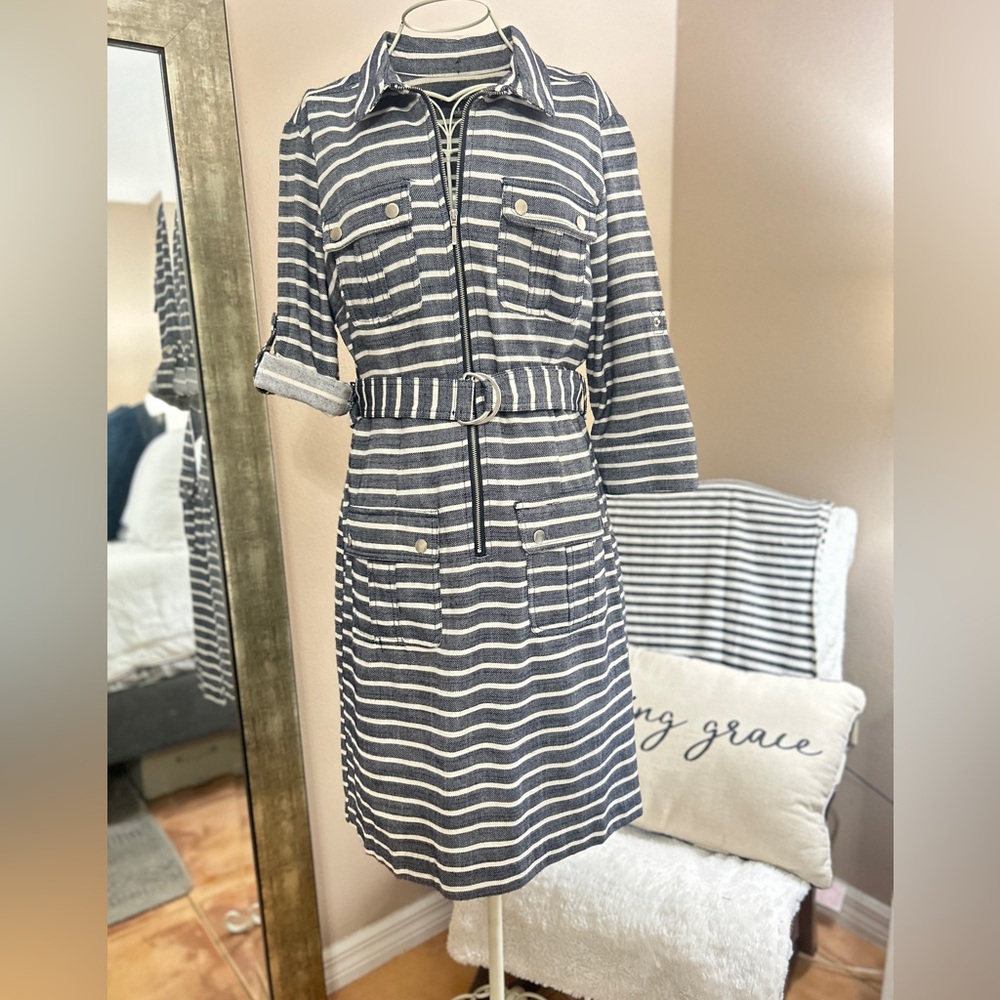 Navy & White Striped Belted Shirt Dress –